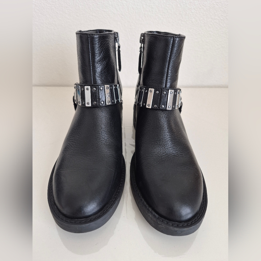 Nine West Black Leather Ankle Boots, Silver Buckle Strap, Women’s Size 6.5